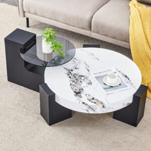 Modern Simple Double-Layer Round Coffee Table - Transparent Gray Glass Top with Black MDF L-Shaped Legs.The detachable design can make the use of space more flexible.