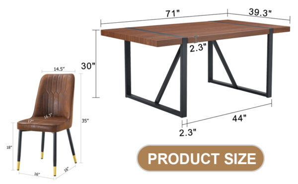 f73d97f662dc47baa6c66cab566158bc_07144db94bad7974499a5169abea97b3 Table and chair set.Industrial Style Walnut-Colored Rectangular Dining Table - 71"x39.3" Large Size.Paired with 6 Brown Suede Chairs.Brown armless dining chair,Suitable for kitchen,Dining room,etc.