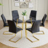 A modern minimalist style round transparent tempered glass table with gold metal legs, paired with 6 modern PU leather high-back dining chairs ,bring a luxurious experience.