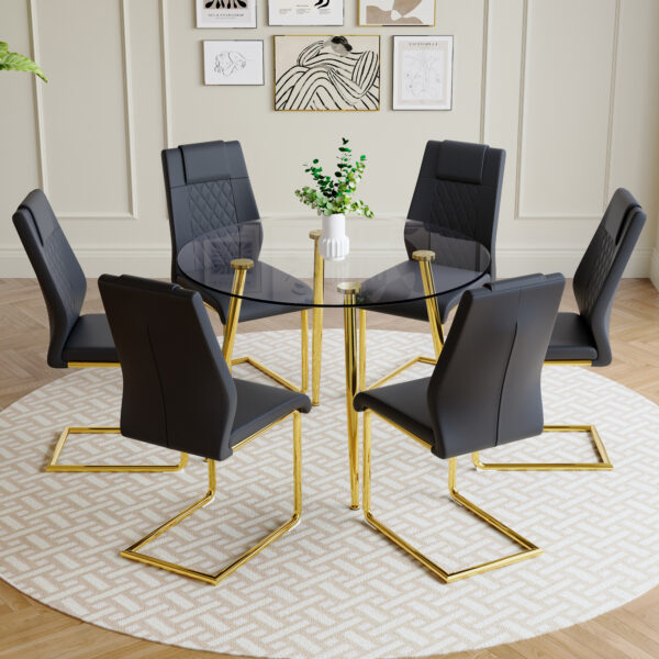 f74c465806dc4f1697bc90420bb3026e_9b72875dc83402e996ed3bf5e3879037 A modern minimalist style round transparent tempered glass table with gold metal legs, paired with 6 modern PU leather high-back dining chairs ,bring a luxurious experience.