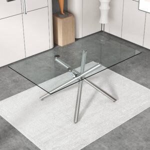 Large Modern Minimalist Rectangular Glass Dining Table for 4-8 people with 0.39" Tempered Glass Tabletop and Silver Metal Legs, for Kitchen, Living Meeting Room .71*35.4*30.W1151S01472