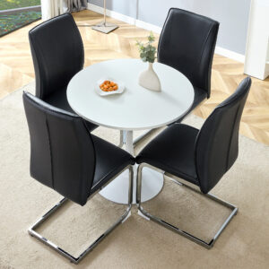 Table and chair set.Hourglass-Shaped Stable Small Round Table -31.9" * 31.9" With 4 Soft and Comfortable Black PU Chair With Arched Metal Silver Leg.Create Your Exclusive Low-Key Luxury Space.