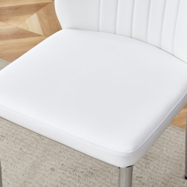 f75b1e4fb40c41009768ee8119def2cb_9aa31d7639738b65c07d4e8597232f43 Set of Four White PU Comfort Dining Chairs (17.7"x25").Dining chair with extended backrest,WHITE PU,Silver metal legs,Suitable for various places such as family restaurants, hotels, coffee shops,etc.