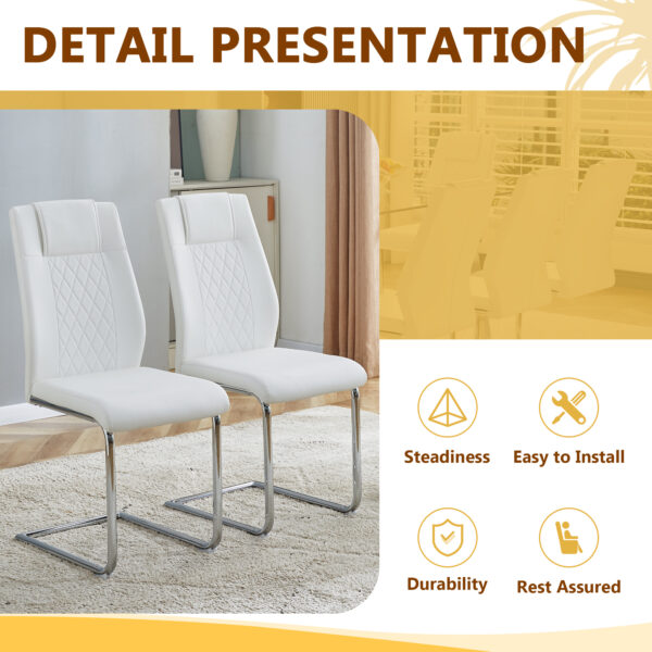 f7678eade66f423096d4112e0bd0e6c2_8e5b221c8e5b0449e760e239acdf36e0 Table and chair set.71 * 35.4 inch rectangular dining table.Tempered Glass Tabletop,Silver 7-shaped Metal Table Legs.Paried With 6 White High-quality PU Chairs With Arched Metal Legs.