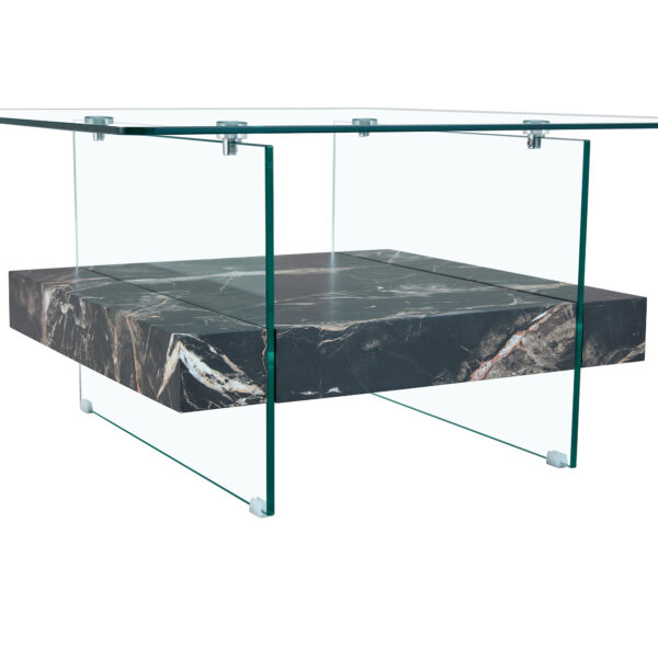 f768f01dde5b4136a026c5a5c1e924da_c17a0a854fe488418d544613fdeb78cd 31.4 Inch Modern Two-Tier Square Coffee Table - An Elegant Combination of Clear Glass and Black Marble Pattern Sticker.It can be used as a coffee table,a side table or a display stand.