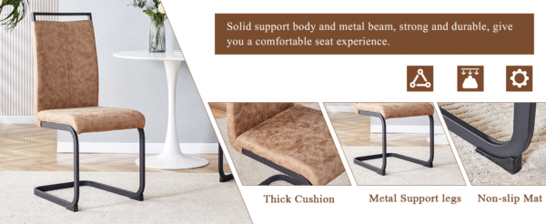 Table and chair set.A retro rectangular dining table with a wood color fishbone textured top and black metal legs.Paired With 6 Brown technology fabric chairs with Featuring arched black legs.