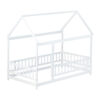 Twin Size House Floor Wooden Bed with Roof Frame,Safety Guardrails,White