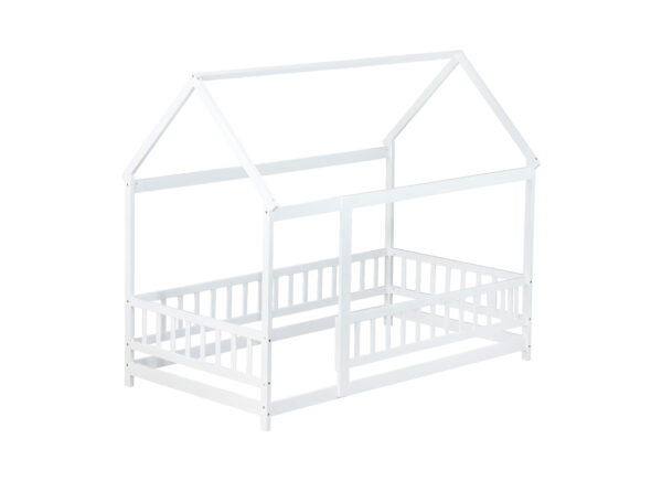 Twin Size House Floor Wooden Bed with Roof Frame,Safety Guardrails,White