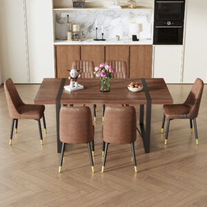 Table and chair set.Industrial Style Walnut-Colored Rectangular Dining Table - 71"x39.3" Large Size.Paired with 6 Brown Suede Chairs.Brown armless dining chair,Suitable for kitchen,Dining room,etc.