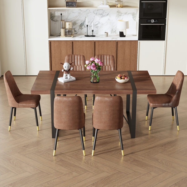 f79189e3b5314670aba8ae62ea8d2839_f5f860bfa7033d2a873a724779b1b67d Table and chair set.Industrial Style Walnut-Colored Rectangular Dining Table - 71"x39.3" Large Size.Paired with 6 Brown Suede Chairs.Brown armless dining chair,Suitable for kitchen,Dining room,etc.