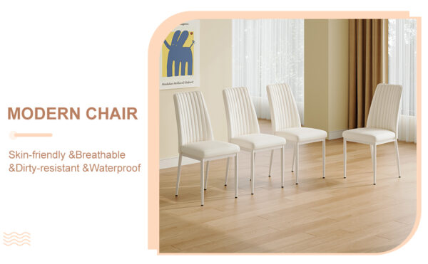 4 Dining Chair Set, White Dining Chair Set, PU Material High Back Seat and Sturdy White Leg Chair for Dining Room, Kitchen and Living Room c-010