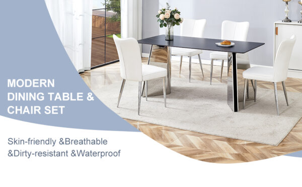 f79b2359ad97405e945a3e61490be2e1_952f2599ce6353b18e3ed9d9d265a34e Table and chair set.63"x31.5x30" Black Marble-Patterned Slabs Tabletop with Stainless Steel Butterfly Legs.Paired with 4 white PU dining chairs with a vertical stripe design on the backrest.