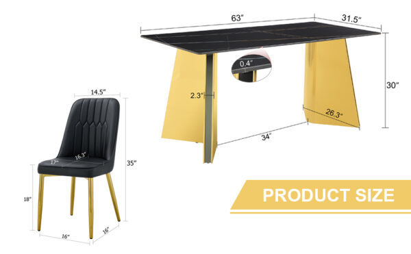 f7ad4798631d404ab78730f03ab6d607_c0fed2bb4775346f6e7e88121b3c19c0 Table and chair set.63"x31.5x30"Black Texture With Lines Patterned Sintered Stone Table with Golden Stainless Steel Legs.Paried With 4 Black PU Chairs with Simple Line Designs On The Backrest.