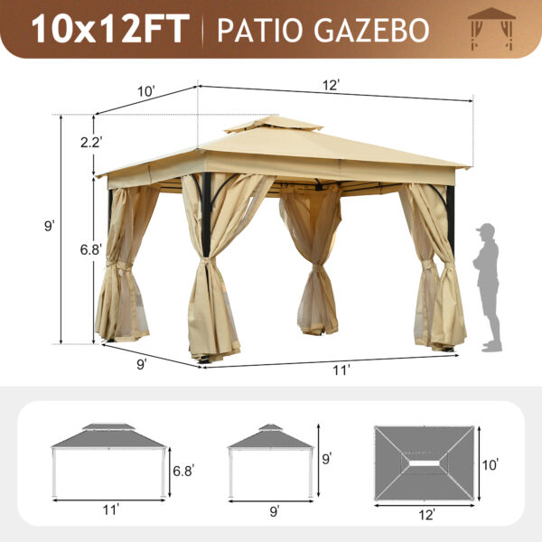 TREXM 10x12 Outdoor Gazebo Tent with Double Roofs, Patio Gazebo with Mosquito Netting and Privacy Screens, Patio Canopy for Shade and Rain for Backyard, Garden, Lawn and Deck (Beige)