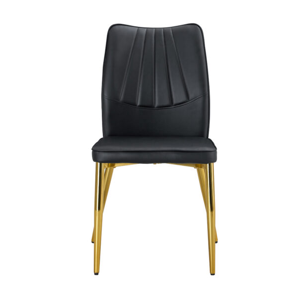 f809f4dc5307478a9e8ffe5b6e0a16fd_20240205_3474ea9138d78f34f465229398cad051 Four black dining chairs. A medieval modern chair made of PU material with soft cushions, equipped with golden metal legs. Suitable for restaurants and living rooms