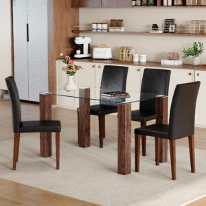Table and chair set.A 49.6*30 Inch Transparent Tempered Glass Dining Table With Walnut Wood Grain MDF Legs.Paired With 4 Black PU High Resilience Dining Chair with Metal Leg.Simple And Versatile.