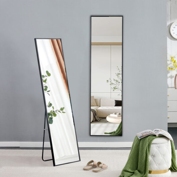 f863ce2cb73a4242b919c026f97627ca_111a9167da09fc8b1421f2b73e063fcc The 4st generation aluminum alloy metal frame wall mounted full body mirror, bathroom makeup mirror, bedroom, decorative mirror, clothing store, floor mounted large mirror, black 63 "* 20"W1151127265