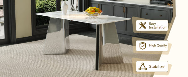 f873d66eac1e4a9f8a25cf9358262993_90c56921a61ee730b87b8523fe8b398d Table and chair set.63*31.4 Inch Luxurious Cold Jade Sintered Stone Dining Table Set - 6 Black Chairs With Silver Metal Legs.Modern Light Luxury.Perfect For Dinner Room,Meeting Room,Kitchen,etc.