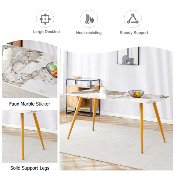 f875fcdda95a4a898e7464ffb43527ac_54e26431d33a2c8d60cf93ed5c6bb41a Modern minimalist dining table. White imitation marble pattern SINTERED STONE desktop with golden metal legs.62.2"*34.6"*30" F-001