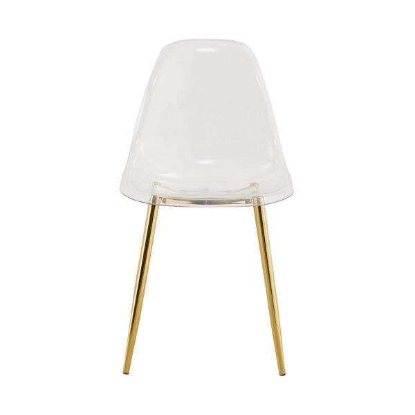 f8795ce1eb834be0847ba29e336efdd1_8f0e9d3804302dce9d03d3bd9437f092 Transparent and stylish ergonomic dining chair unlocks a new experience of lightweight fashion, comfort, and stability. Transparent seat cushion, golden metal legs. One box of three.