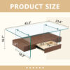 43.3 Inch Modern Two-Tier Coffee Table - Clear Tempered Glass and Dark Wood Grain, Multifunctional Storage Design.The bottom tier includes a drawer.Can be used as a coffee table,side table,etc.