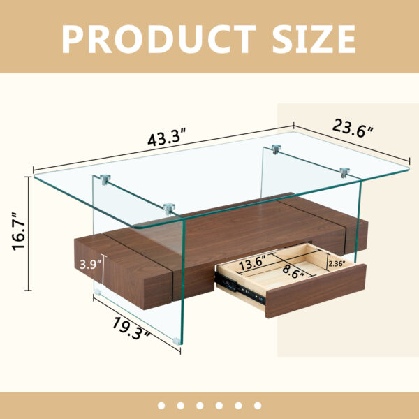 43.3 Inch Modern Two-Tier Coffee Table - Clear Tempered Glass and Dark Wood Grain, Multifunctional Storage Design.The bottom tier includes a drawer.Can be used as a coffee table,side table,etc.