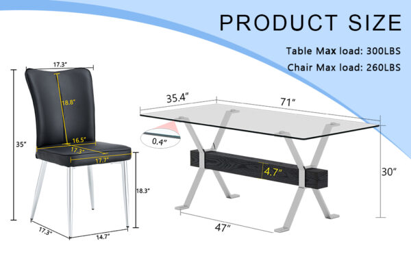 f8d8c525db4a48d5a826cd708774ac45_c1cfd900774f6daa06ac95421d24c64f Table and chair set.Elegant Transparent Tempered Glass Dining Set - 71"x35.4" with 8 Black PU Chairs with a vertical stripe design on the backrest.