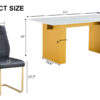 Table and chair set.Large modern rectangular table with 0.4 inch patterned glass tabletop and large MDF table legs.Comes with 6 chairs with faux leather cushioned seats and golden metal legs.