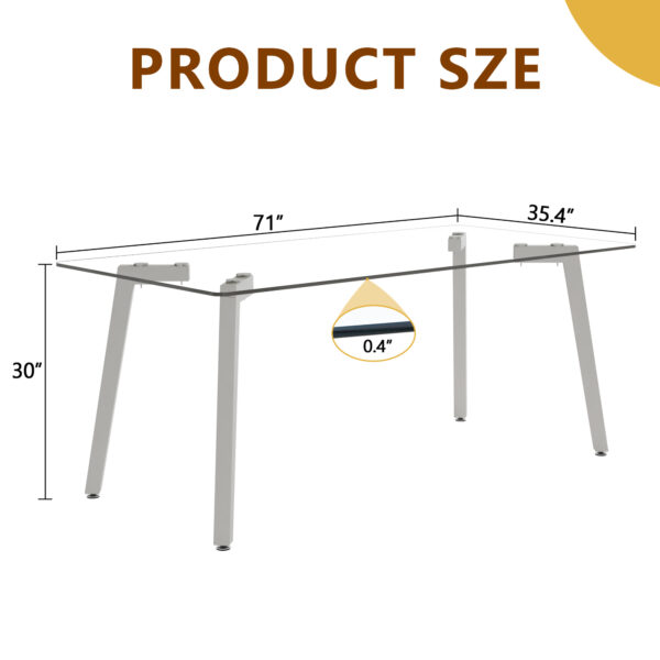 f913c1aa813a4cd5b9b659b7c3f9c9e2_55acc8be6b2f9780210bbadffd3bc8a9 71 * 35.4 inch rectangular dining table. The transparent tempered glass tabletop is paired with silver 7-shaped metal table legs, showcasing a minimalist texture. Suitable for various places.