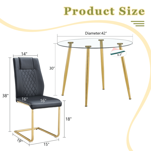 f91e77f7acdb4aeea4a2fda5ac756445_e75229e0e49738dec53767a8d4c19288 A modern minimalist style round transparent tempered glass table with gold metal legs, paired with 4 modern PU leather high-back dining chairs, bring a luxurious experience.
