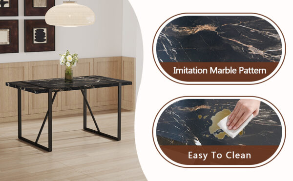 f92bfee430e648a9a7110ad1391b69d0_5367099e8f0afd72a5d771abf2d348fa Table and chair set.Modern Black Marble Pattern MDF Dining Set - 55"x31.4"with 6 Light Gray PU chairs with a vertical stripe design on the backrest.Suitable for kitchen,Dining room,etc