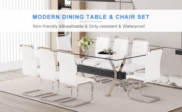 f967e6c064b04ceb89f537c5e23e6b14_862a8fd38c15c6a646660670dae9d3b1 Table and chair set.Elegant Transparent Tempered Glass Dining Set - 71"x35.4" with 8 White PU Chairs with silver C-tube metal leg.