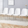 Set of Four White PU Comfort Dining Chairs (17.7"x25").Dining chair with extended backrest,WHITE PU,Silver metal legs,Suitable for various places such as family restaurants, hotels, coffee shops,etc.