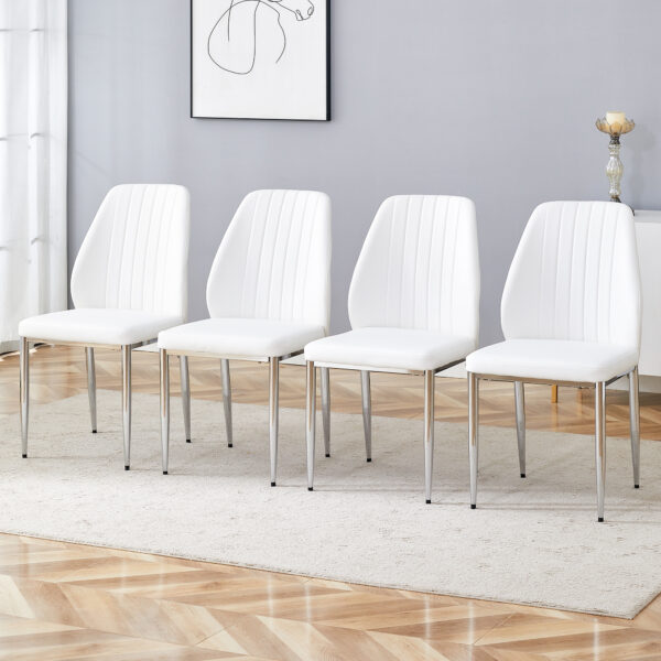 f968d7bc3f314b4a9314a8ecfed426df_d587ccdd0d044372506ae6fa9478de63 Set of Four White PU Comfort Dining Chairs (17.7"x25").Dining chair with extended backrest,WHITE PU,Silver metal legs,Suitable for various places such as family restaurants, hotels, coffee shops,etc.