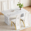 Table and chair set.63"*35.4" White Imitation Marble Pattern MDF Dining Table Set - 4 PU Chair With White Saddleback, Geometric Pattern Backrest,Golden Curved Metal Leg.Suitable For Various Scenes.