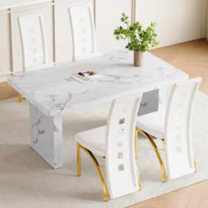 Table and chair set.63"*35.4" White Imitation Marble Pattern MDF Dining Table Set - 4 PU Chair With White Saddleback, Geometric Pattern Backrest,Golden Curved Metal Leg.Suitable For Various Scenes.
