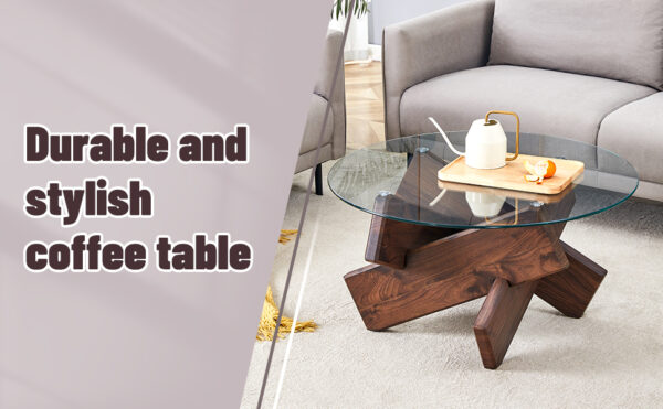 f99b576e6f444679844e704c57a7de5b_acb56f8e869f5178c8dfdfa02ce91c8e Round glass coffee table, 33.4" modern design unique coffee table. Tempered glass top with Walnut colored texture sticker MDF legs. Suitable for living and dining rooms