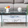43.3 Inch Modern Two-Tier Coffee Table - Clear Tempered Glass and White Marble Texture, Multifunctional Storage Design.The bottom tier includes a drawer.Can be used as a coffee table,side table,etc.