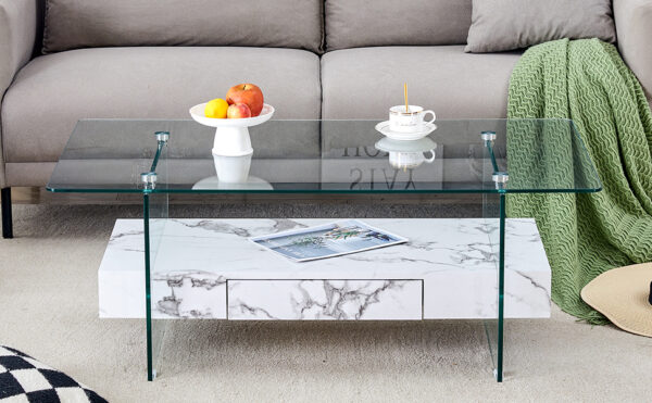 f9a4031b1d7d4a83a00a9f82afe7dd57_415f4281ff0abd7f73d3685362b6436d 43.3 Inch Modern Two-Tier Coffee Table - Clear Tempered Glass and White Marble Texture, Multifunctional Storage Design.The bottom tier includes a drawer.Can be used as a coffee table,side table,etc.