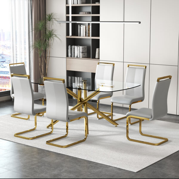 f9b970d25bc74037b980c695064a2f6f_20230717_24fa49ca78a53503696fa3e7668c1a3a Large Modern Minimalist Rectangular Glass Dining Table for 6-8 with 0.39" Tempered Glass Tabletop and Golden Plated Metal Legs,for Kitchen Dining Living Meeting Room Banquet hall 71'' x 39'' x30''1537