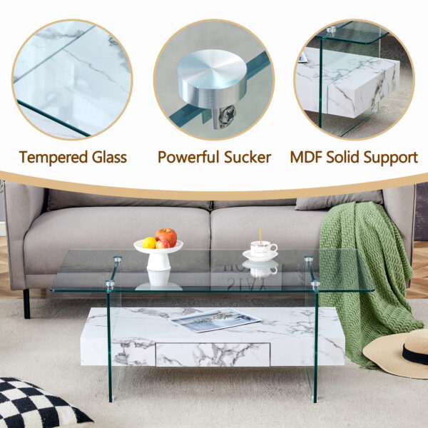 f9c1d6dc1393470187a8bd7b208f5415_22a4d570f607ce7e9a1f68b5f40c78e4 43.3 Inch Modern Two-Tier Coffee Table - Clear Tempered Glass and White Marble Texture, Multifunctional Storage Design.The bottom tier includes a drawer.Can be used as a coffee table,side table,etc.