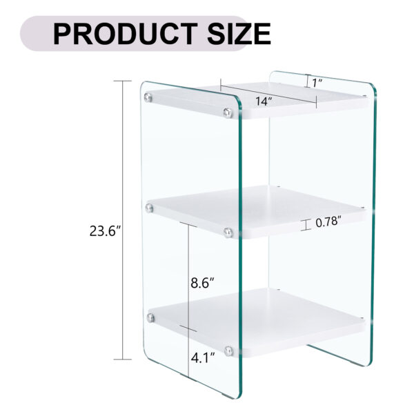 f9c769b66b984c14abd4e83b57ae88fa_88a8d010e14f1f814fac48adc88d98a0 Three levels of bedside tables. The board surface is MDF, with white stickers, and both sides are transparent tempered glass. The design is simple and generous, with storage function.