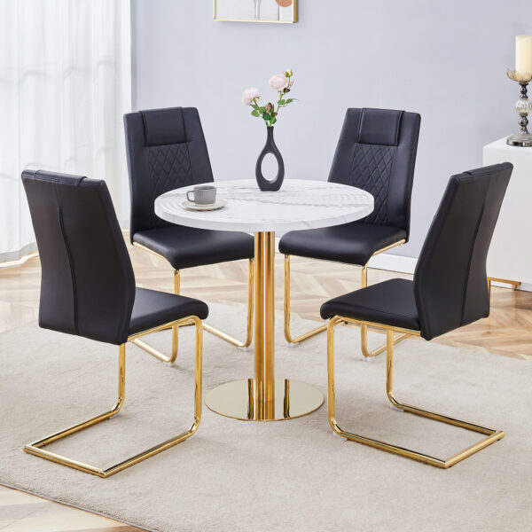 f9f935676e27481e9b9d5ad899fd2153_a03c5a13e0ff6ba2f49be819e3735bcf Table and chair set.31.5 Inch Elegant White Marble Pattern Round Dining Table - Suction Molding Annular Texture.Paired With 4 Black High-quality PU Chairs With Arched Golden Metal Legs.