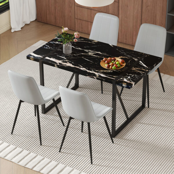 f9fcd5a0caf54f449b4240110a0ab298_8cf08718de706aee8361a35d284cf301 Table and chair set.Modern Black Marble Pattern MDF Dining Table Set-55"x31.4" with 4 Extended Seat Cushion PU Dining Chairs.Light Gray Cushion.Iron Pipe Spraying Chair Legs.