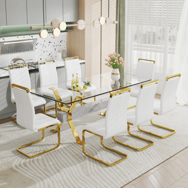 fa12eacc098144f6a615710e38a7554a_20230821_033197bef53e0ca1c9a435c89abdaa11 Dining table. Modern tempered glass dining table. Large modern office desk with gold plated metal legs and MDF crossbars, suitable for both home and office use. Kitchen. 79 ''x39''x30 '' 1105