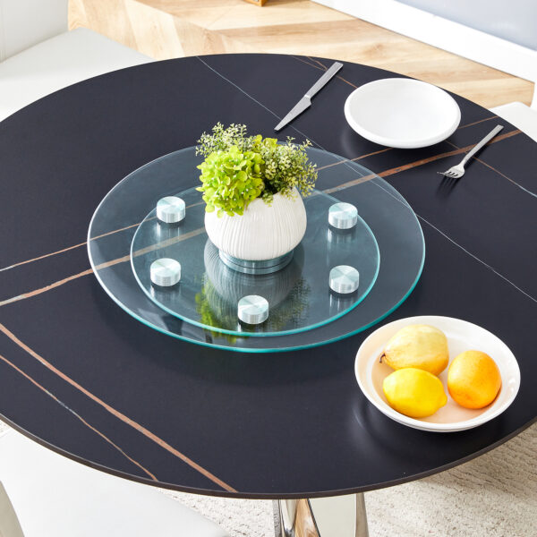 fa15cd54a84a48b99d90730656f511bf_0eac23a4a7fcf7bfc3e56559eae876a9 Double layer rotatable round glass.The rotatable design makes it more convenient to retrieve and place items.The upper glass has a diameter of 20 inches, while the lower glass15 inches.