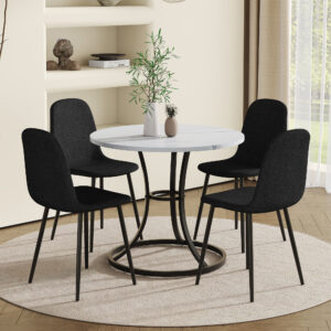 Table and chair set.A Modern Minimalist Circular Dining Table With A Diameter Of 33.3 Inches.Paired With 4 Black Linen-Cotton Material High Resilience Dining Chair with Metal Black Leg.