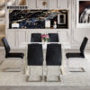 Table and chair set.55"x31.4" Cream-Style White MDF Dining Table Set with 6 Black Chairs With Silver Metal Legs.MDF Tabletop and metal frame legs.Adding a warm and gentle atmosphere to your family.