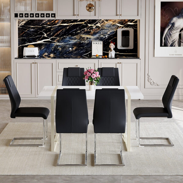 fa2a699ea12e4954a3231e433909c3f4_f10a67edde661d9ef5a50f9352034adf Table and chair set.55"x31.4" Cream-Style White MDF Dining Table Set with 6 Black Chairs With Silver Metal Legs.MDF Tabletop and metal frame legs.Adding a warm and gentle atmosphere to your family.