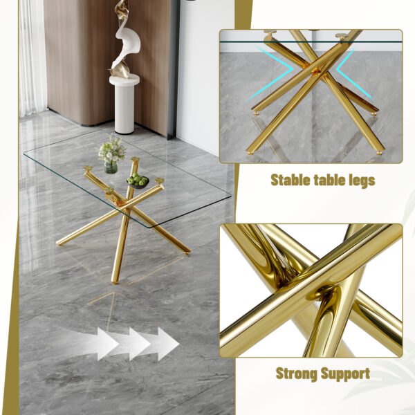 fa35210b254c48dca0c95133f1e5ef07_e4ef9d3027e7a742440c1d73637b292c Table and chair set.Modern Luxurious Transparent Tempered Glass Dining Table Set with 6 Chairs.Single Fork Golden Metal Table Legs.Black high-quality PU dining chairs with golden metal legs.